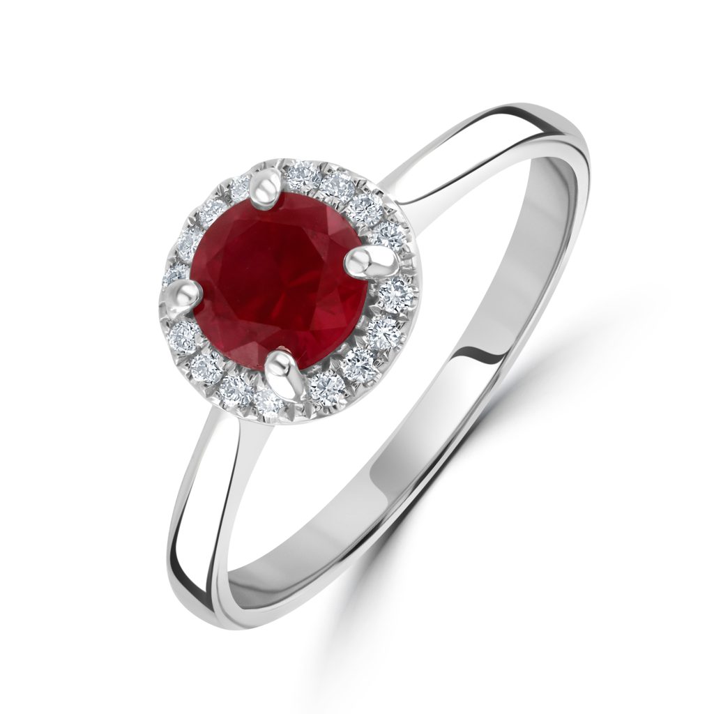 18ct white gold round ruby halo cluster with polished shoulders. Ruby=0