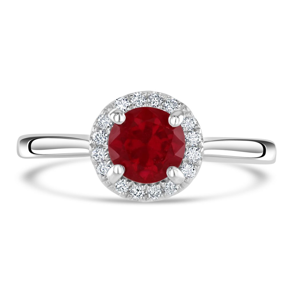 18ct white gold round ruby halo cluster with polished shoulders. Ruby=0